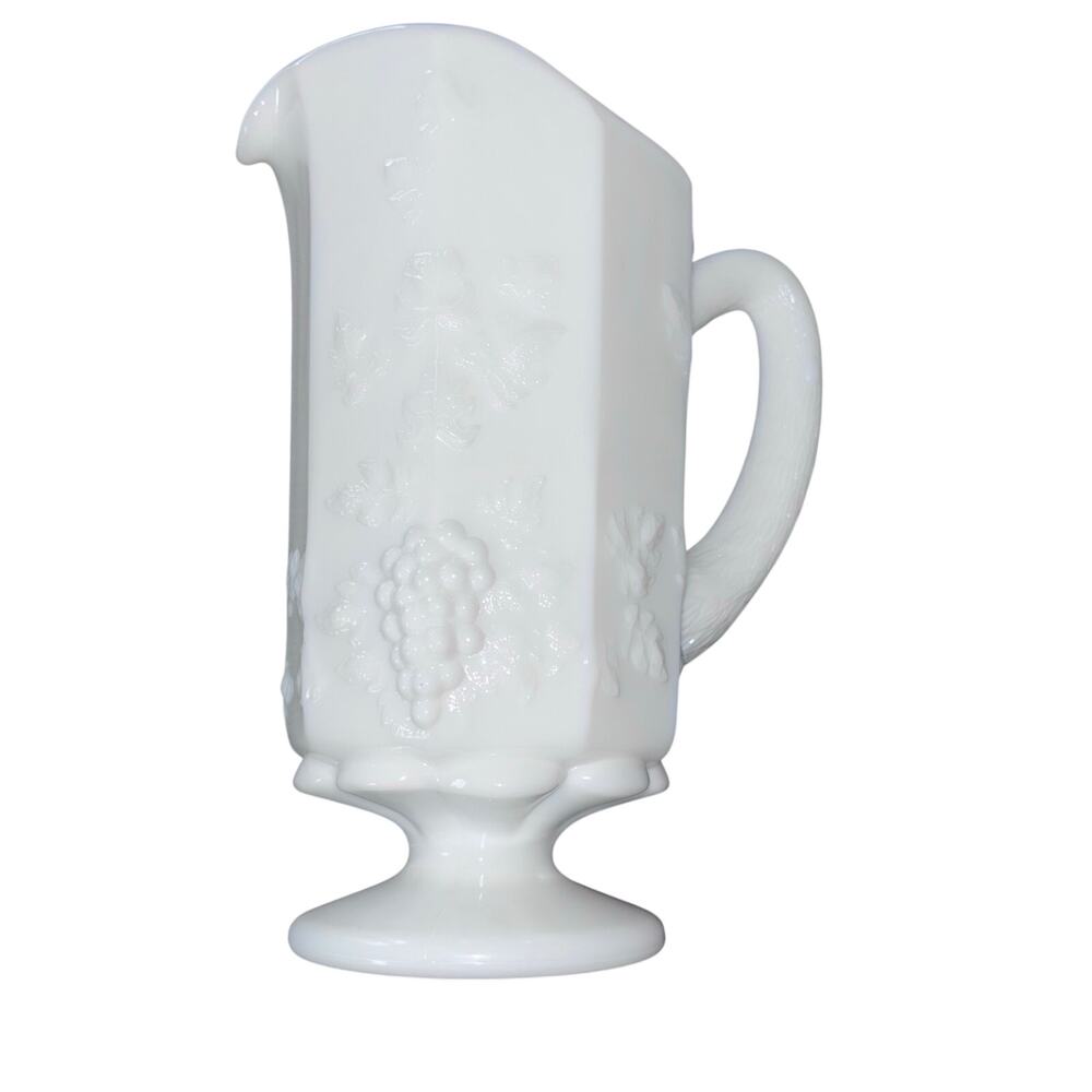 Vintage Westmoreland Paneled Grape Vine Milk Glass 9" Footed Pitcher Vase